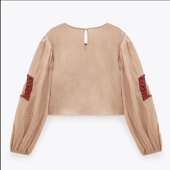 Zara Granny Square Crochet Medallion Front Full Sleeve Cropped Blouse Beige M - Picture 4 of 11
